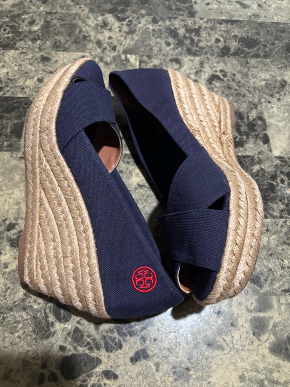Tory Burch Navy Canvas Espadrille Wedge Peep-Toe - Picture 7 of 9
